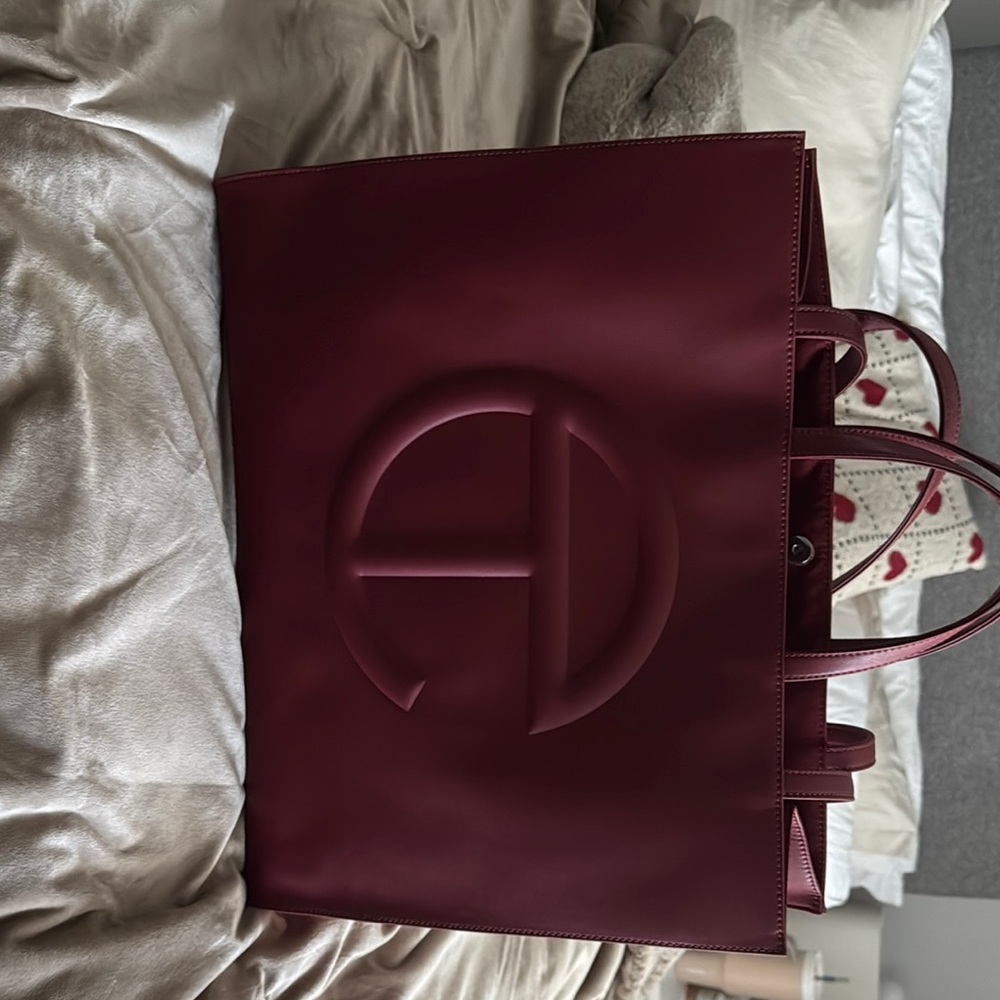 Telfar Red Tote Bag with Embossed Logo and Structured Design